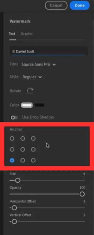 Add watermark Anchor Settings